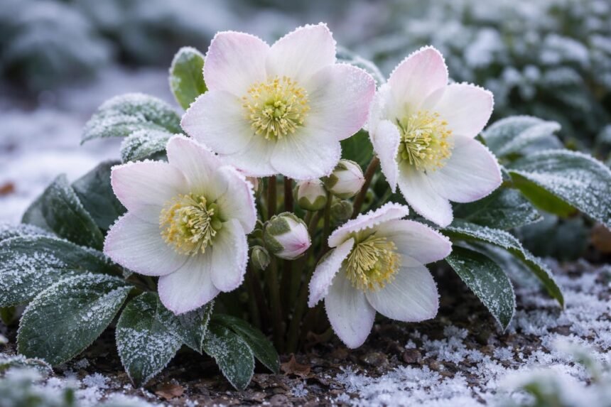 Nahaufnahme der Christrose, Schneerose, Helleborus niger mit zarten Blüten im Wintergarten