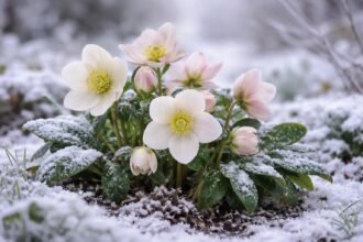 - Christrosen setzen im kalten Winter leuchtende Akzente im farbarmen Beet.