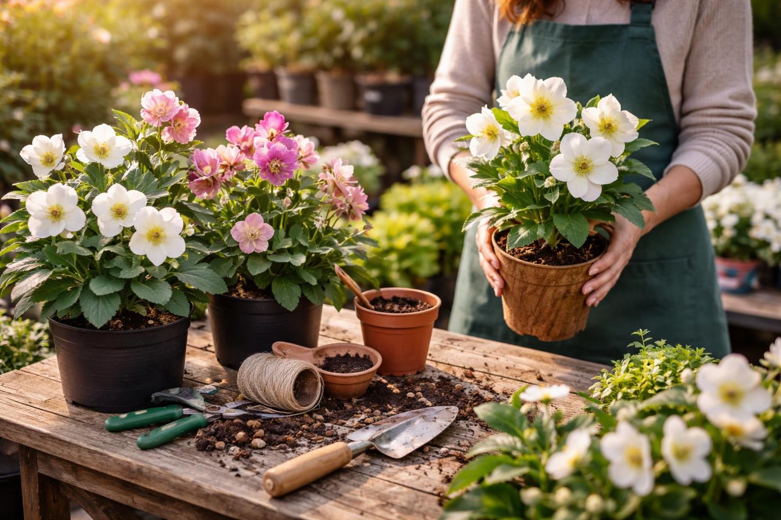 Eine Person hält eine Christrose in einem Topf, umgeben von weiteren Pflanzen auf einem Tisch.