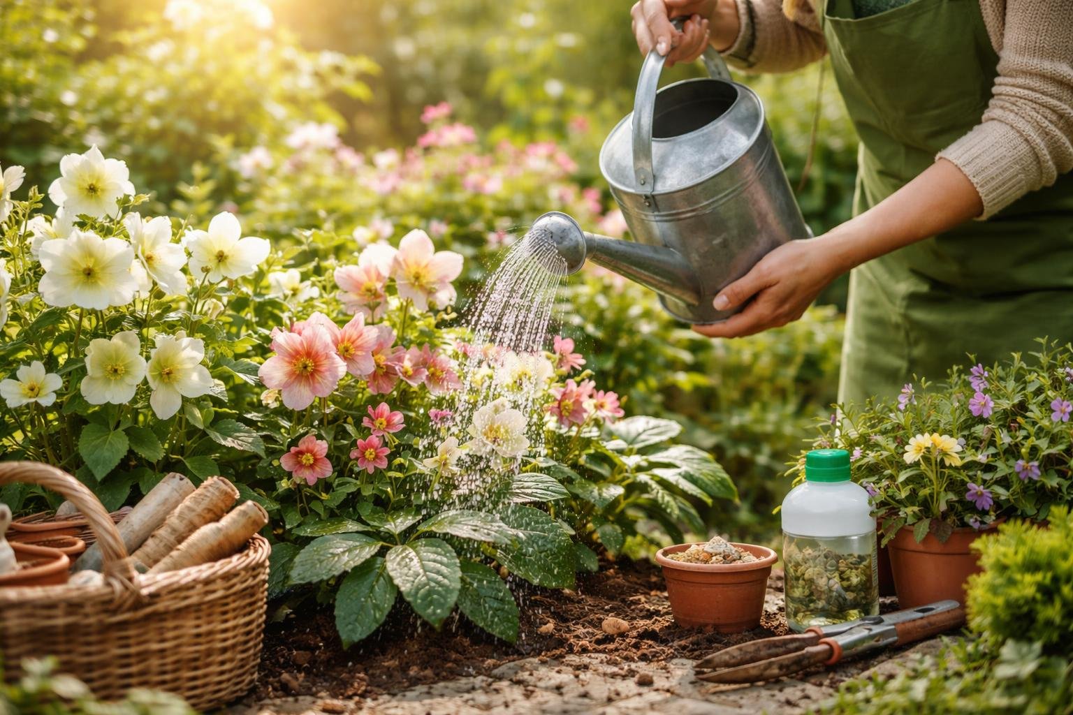Eine Person gießt Christrosen mit einer Gießkanne in einem blühenden Garten.