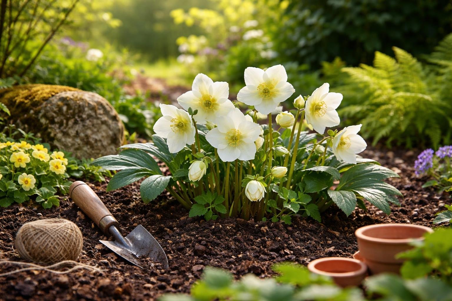 Weiß blühende Christrosen umgeben von frischem, humusreichem Boden im Garten.