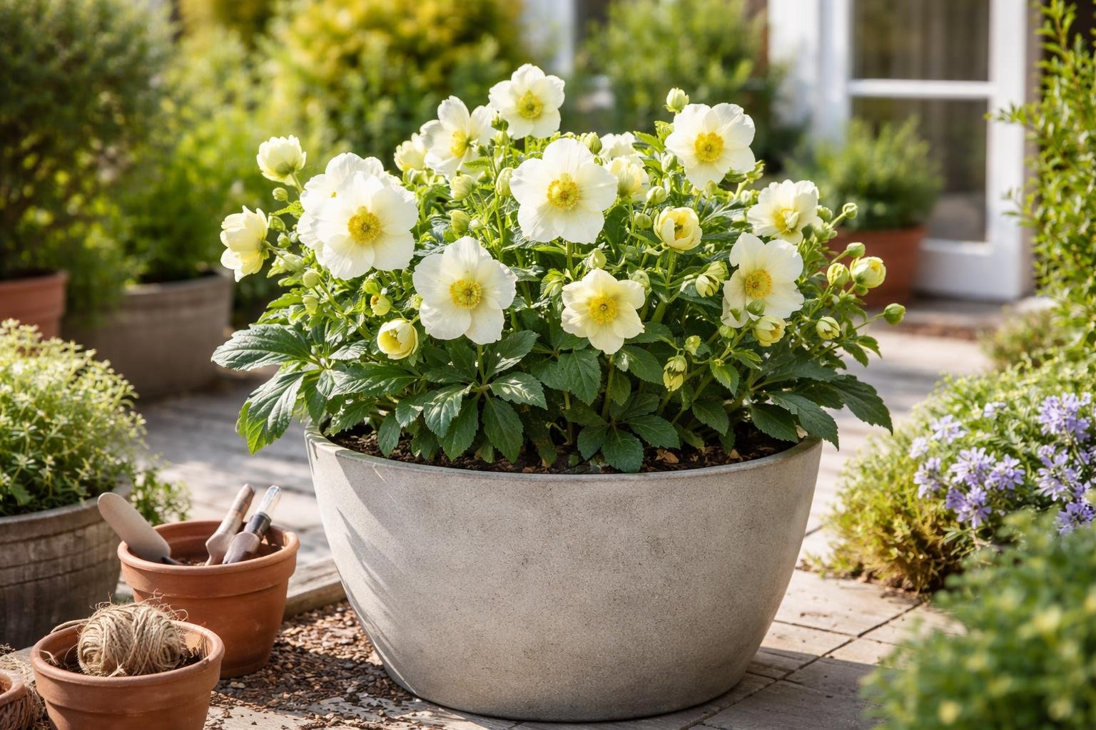 Weiß blühende Christrosen in einem großen Pflanztopf im Garten.