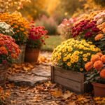 Detailaufnahme von Chrysanthemum indicum und weiteren Chrysanthemum-Arten in Herbstfarben, leuchtend