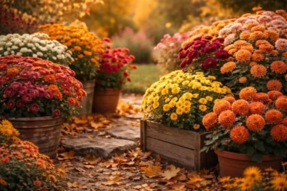 Detailaufnahme von Chrysanthemum indicum und weiteren Chrysanthemum-Arten in Herbstfarben, leuchtend
