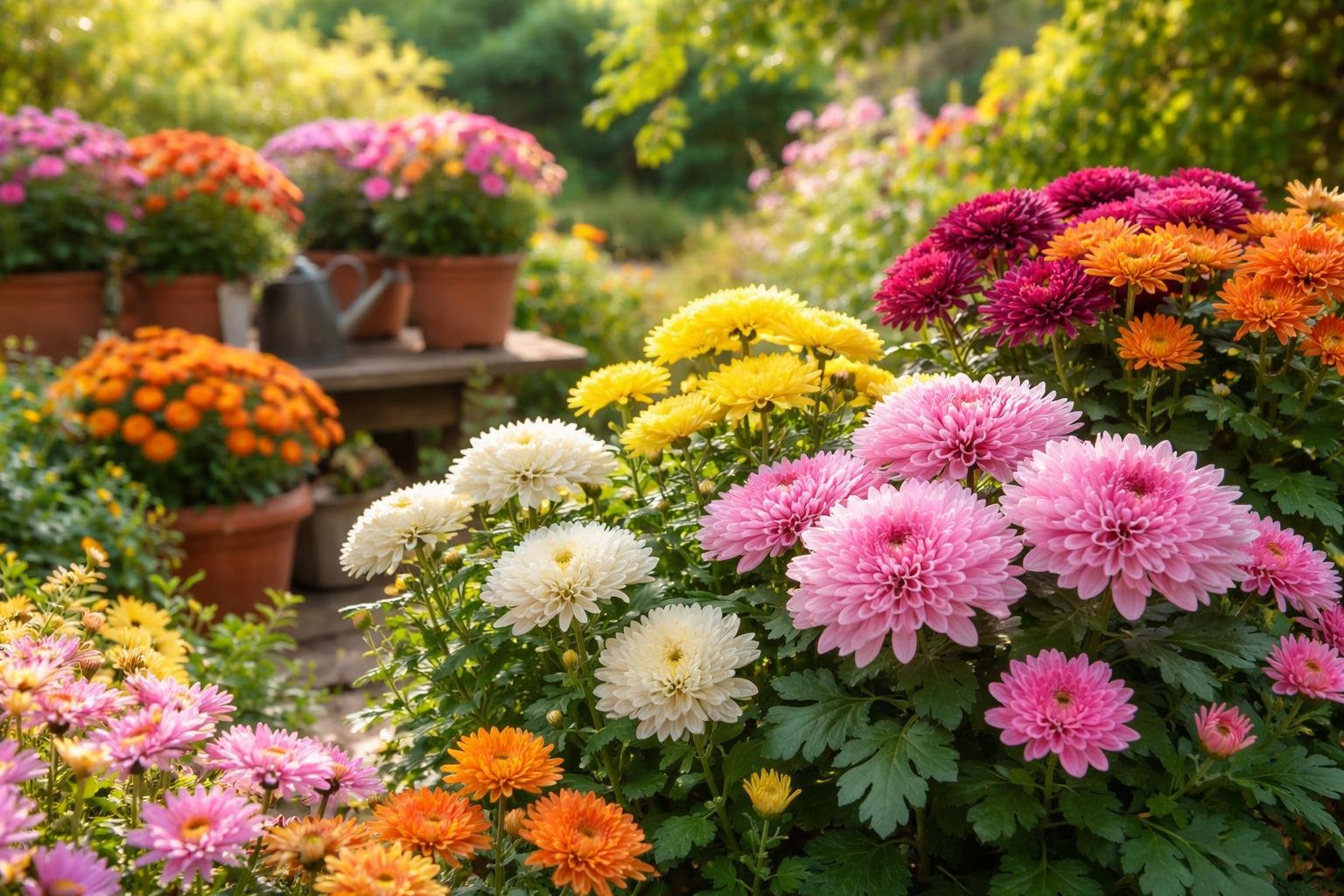Bunte Chrysanthemen in verschiedenen Farben blühen im herbstlichen Garten.