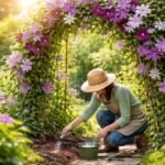 Clematis vor Pergola mit Frühlingsdüngung, blühend und gesund im Garten