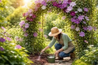 Clematis vor Pergola mit Frühlingsdüngung, blühend und gesund im Garten