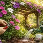 Clematis-Pflanze beim Gießen, Schneiden und Düngen im sonnigen Gartenpfad zwischen Rankhilfen