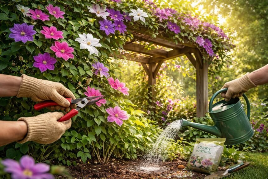 Clematis-Pflanze beim Gießen, Schneiden und Düngen im sonnigen Gartenpfad zwischen Rankhilfen