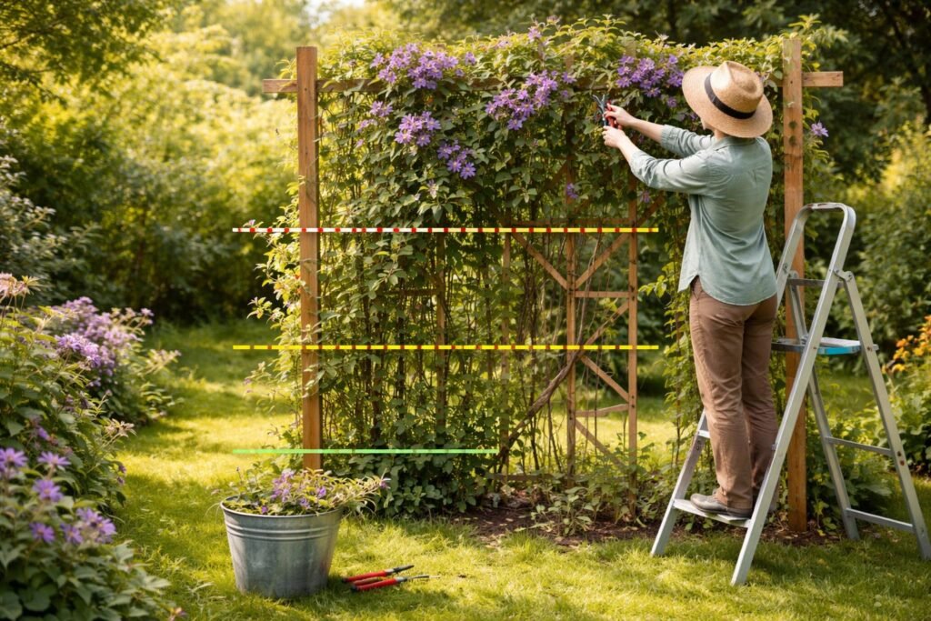 Gärtner schneidet eine Clematis sorgfältig nach empfohlenen Schnittgruppen im Garten