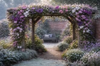 Verschlungene Clematis-Waldreben ranken an Zaun, Pergola und Hauswand im Garten