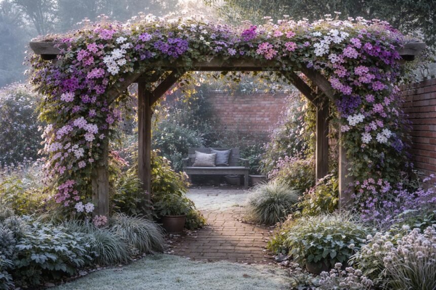 Verschlungene Clematis-Waldreben ranken an Zaun, Pergola und Hauswand im Garten