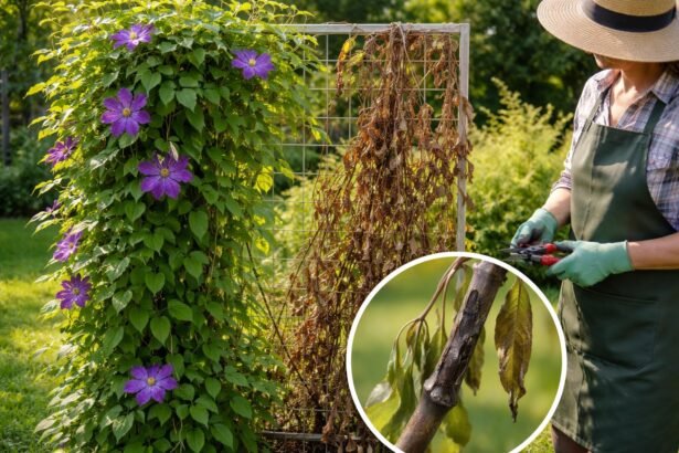 Clematis mit welken Blättern und braunen Stängeln im zeitigen Garten