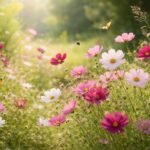Zarte Cosmea-Blüten in Weiß, Rosa und Dunkelrot im sonnigen Gartenbeet