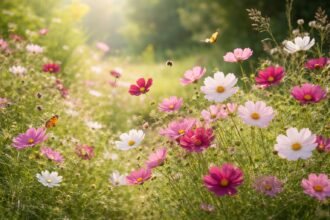 Zarte Cosmea-Blüten in Weiß, Rosa und Dunkelrot im sonnigen Gartenbeet