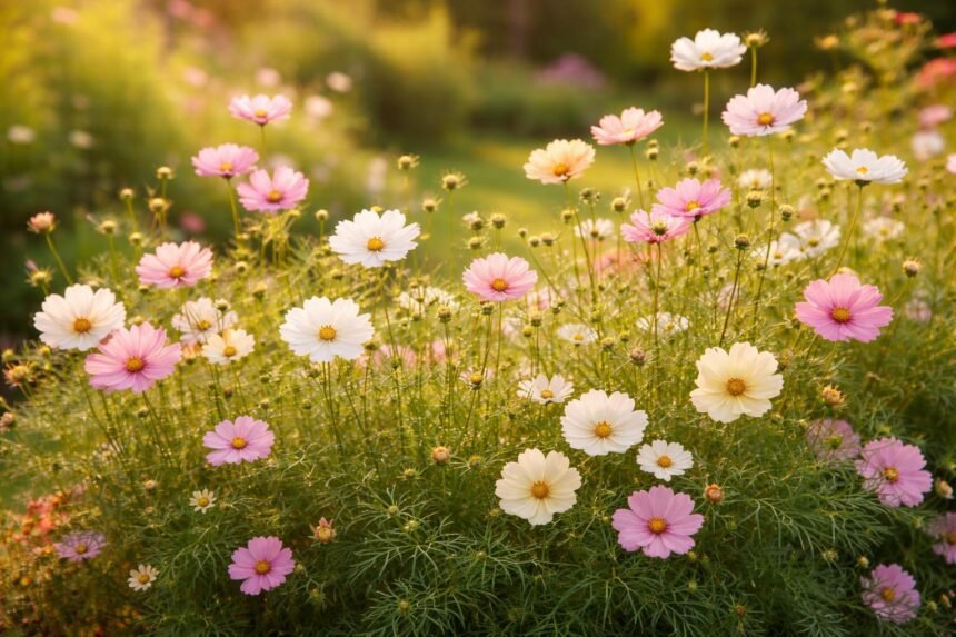 Cosmea: Steckbrief, Winterhärte & Giftigkeit Cosmea-Schmuckkörbchen im Garten, zarte schwebende Blüten über filigranem Laub und sommerlicher Leichtigkeit.