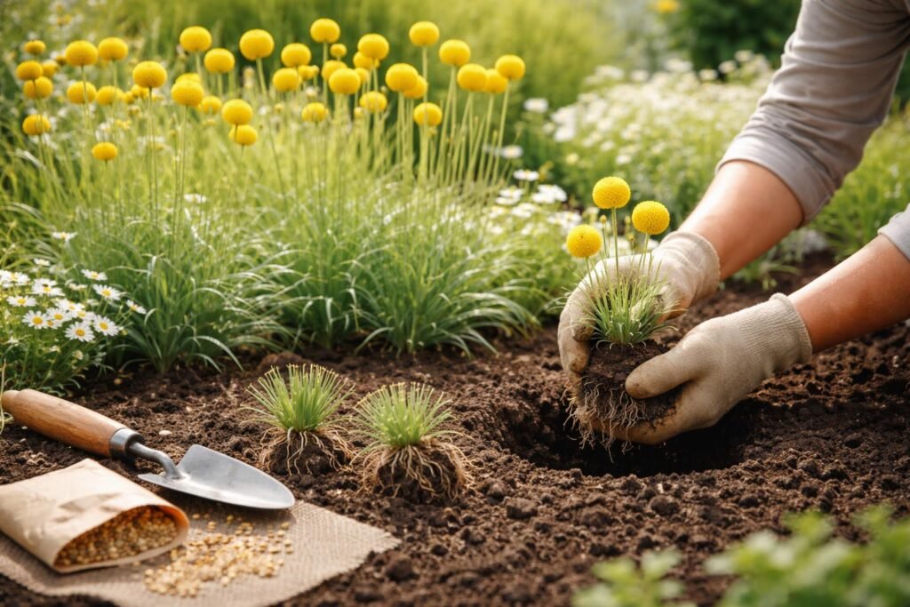 Craspedia: Pflanzen, Winterhärte & Pflege der Trommelstöckchen Gelbe Craspedia-Blüten, Trommelstöckchen im sonnigen Beet, robust, pflegeleicht und winterhart