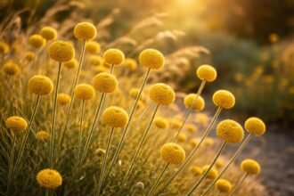 Gelbe kugelrunde Blütenbälle der Craspedia auf schlanken Stielen im Garten.