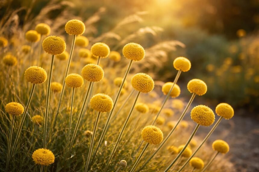 Craspedia: Pflanzen, Winterhärte & Pflege der Trommelstöckchen Gelbe kugelrunde Blütenbälle der Craspedia auf schlanken Stielen im Garten.