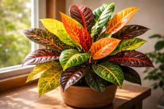- Crotonblätter bunt gemustert; Pflege beeinflusst Farbintensität, Wuchs und Haltbarkeit in der Wohnung.