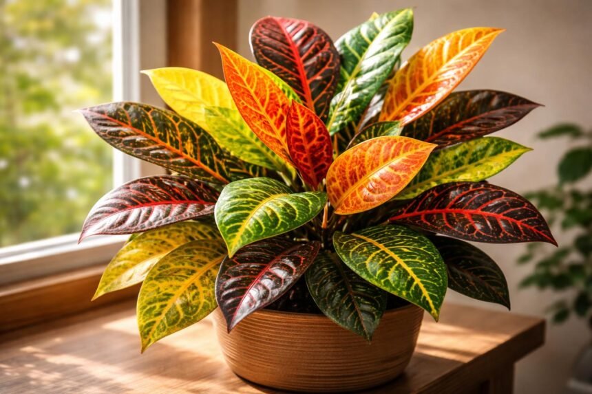 - Crotonblätter bunt gemustert; Pflege beeinflusst Farbintensität, Wuchs und Haltbarkeit in der Wohnung.
