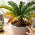 Cycas revoluta mit gelblichen Blättern als Pflegewarnsignal der Zimmerpflanze sichtbar