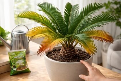 Cycas revoluta mit gelblichen Blättern als Pflegewarnsignal der Zimmerpflanze sichtbar