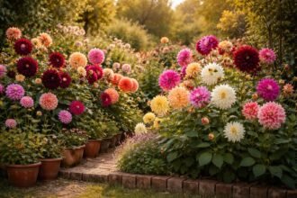 Bunte Dahlien in Beet und Kübel, Sommer- und Herbstzauber im Garten.