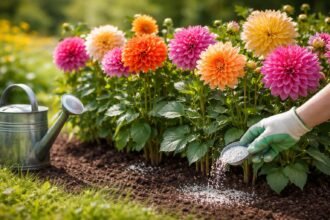 Dahlien im Sommergarten dank richtiger Düngung mit kräftigen Stielen und Blüten