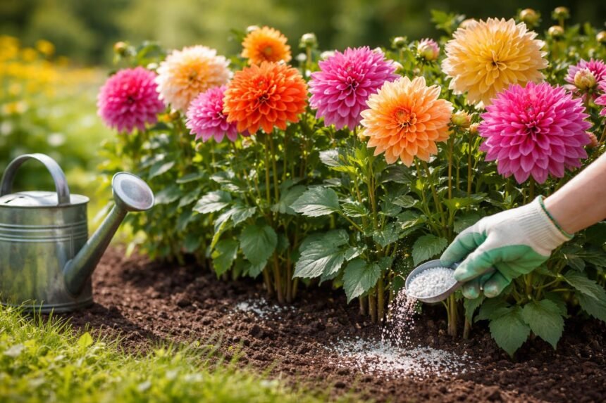 Dahlien im Sommergarten dank richtiger Düngung mit kräftigen Stielen und Blüten