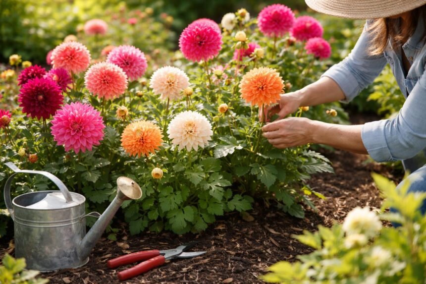 Dahlien in bunten Blütenfarben im sonnigen Garten mit gepflegten Knollen und Stängeln