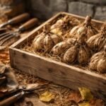 Dahlienknollen sorgfältig verpackt in Kiste, Herbstlicht, Winterschutz und Lagerung demonstriert