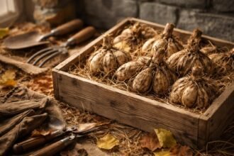 Dahlienknollen sorgfältig verpackt in Kiste, Herbstlicht, Winterschutz und Lagerung demonstriert