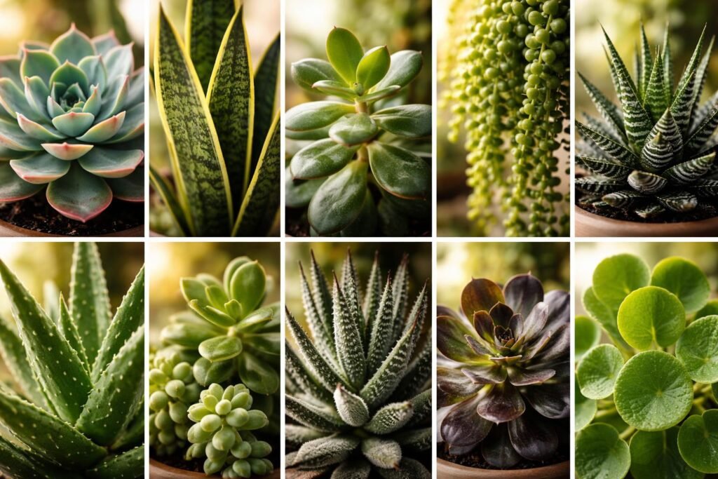 Zehn Zimmer-Sukkulenten in einem Porträt, farbenfroh, vielfältig arrangiert und außergewöhnlich sichtbar.