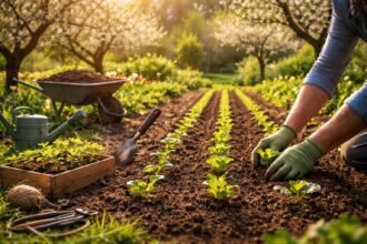 Frühjahrsarbeiten im Garten – Boden lockern; Dünger geben; Obstgehölze stärken; Ernte fördern.