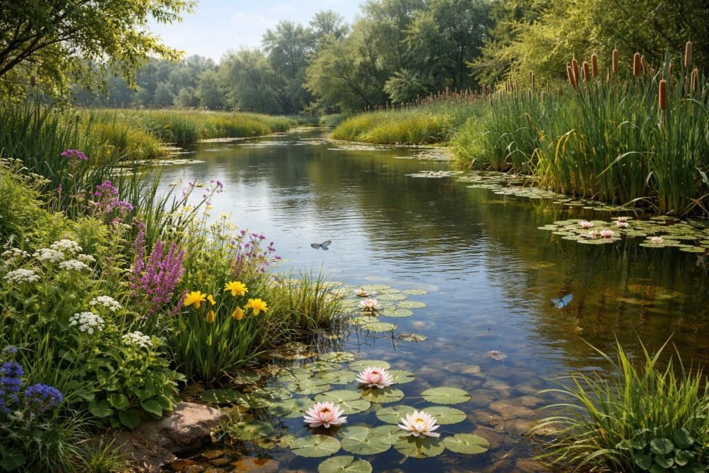 Mehrere heimische Sumpfpflanzen am Ufer eines Teiches • Schilf und Gräser im Wasser.