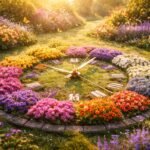 Naturgetreue Blumenuhr im Beet zeigt Tageszeiten durch Blütenöffnung und sanfte Gestaltung