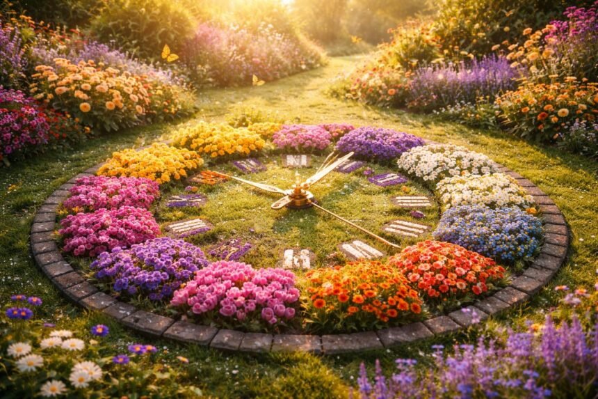 Naturgetreue Blumenuhr im Beet zeigt Tageszeiten durch Blütenöffnung und sanfte Gestaltung