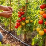 Reife Tomaten an der Rispe, strukturierte Blätter und sonnige Gartenkulisse im Hintergrund.