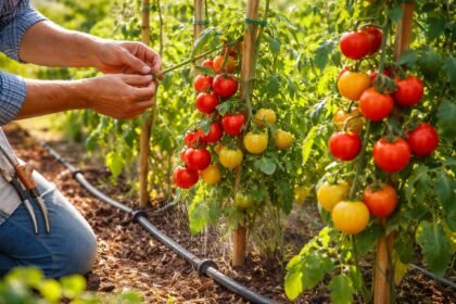 Reife Tomaten an der Rispe, strukturierte Blätter und sonnige Gartenkulisse im Hintergrund.