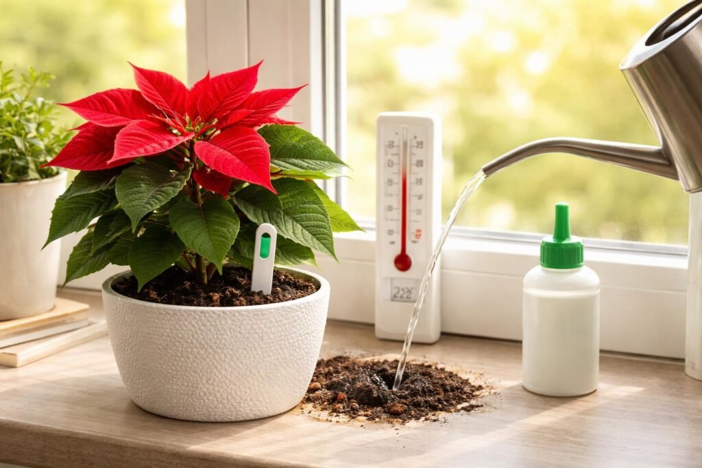 Nahaufnahme der Weihnachtsstern-Blätter, die nach richtiger Pflege wieder leuchten und rot werden.