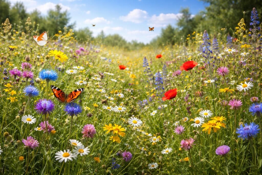 Magerwiese gestalten – Biodiversität fördern - Vielfältige Magerwiese mit Blüten, Saatgut für Artenreichtum, auch trockenresistent.