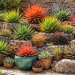 Verschiedene Aloe-Vera-Arten mit grünen Rosetten und farbenfroh gezeichneten Blättern in Orange, Rot oder Schwarz.
