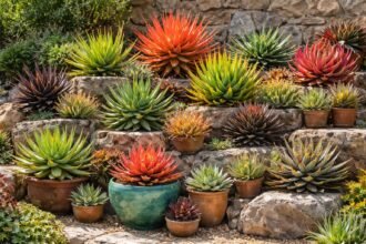Verschiedene Aloe-Vera-Arten mit grünen Rosetten und farbenfroh gezeichneten Blättern in Orange, Rot oder Schwarz.