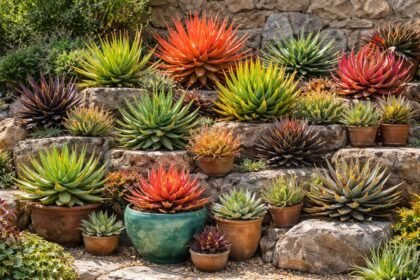 Verschiedene Aloe-Vera-Arten mit grünen Rosetten und farbenfroh gezeichneten Blättern in Orange, Rot oder Schwarz.