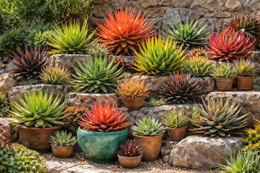 Die schönsten Aloe Vera Arten und Unterarten Verschiedene Aloe-Vera-Arten mit grünen Rosetten und farbenfroh gezeichneten Blättern in Orange, Rot oder Schwarz.