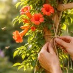 Leuchtende Trompetenblüten entlang eines rankenden Kletterstrauchs im sonnigen, blütend gefüllten Garten