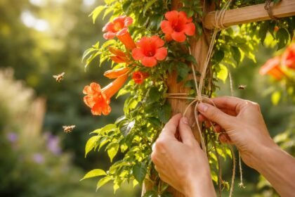 Leuchtende Trompetenblüten entlang eines rankenden Kletterstrauchs im sonnigen, blütend gefüllten Garten