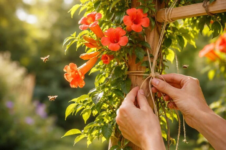 Leuchtende Trompetenblüten entlang eines rankenden Kletterstrauchs im sonnigen, blütend gefüllten Garten