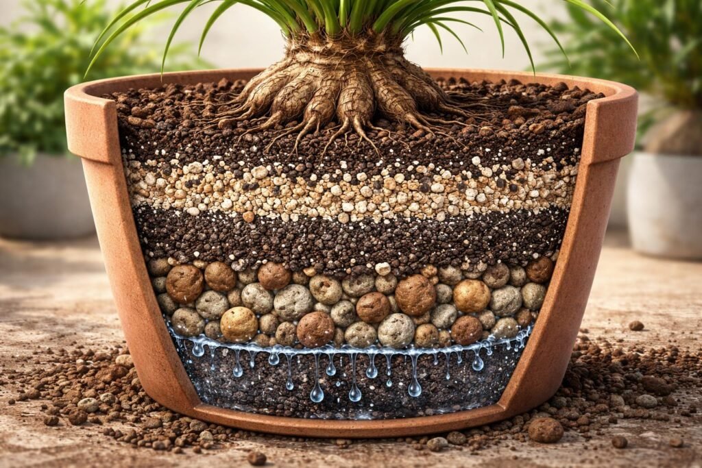 Topf mit grobem Substrat, Kieselsteinen am Boden, gute Drainage sichtbar